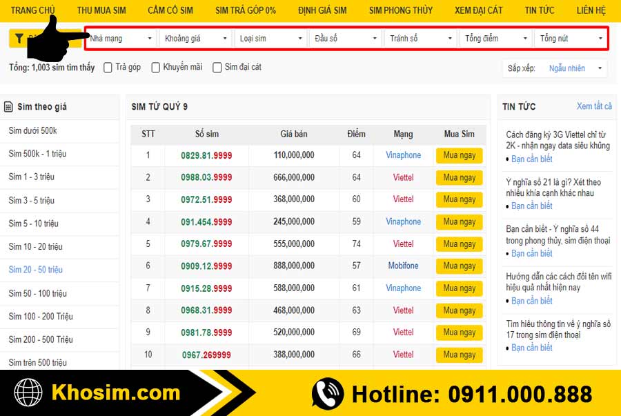 bước 2 lọc sim tứ quý 9 theo ý muốn