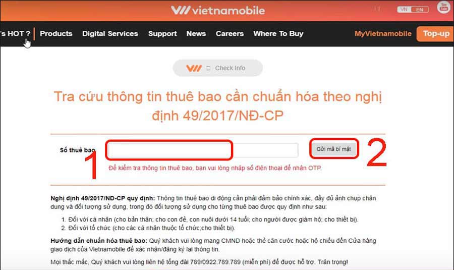 bước 2 nhập số điện thoại vietnamobile cần đăng ký chính chủ