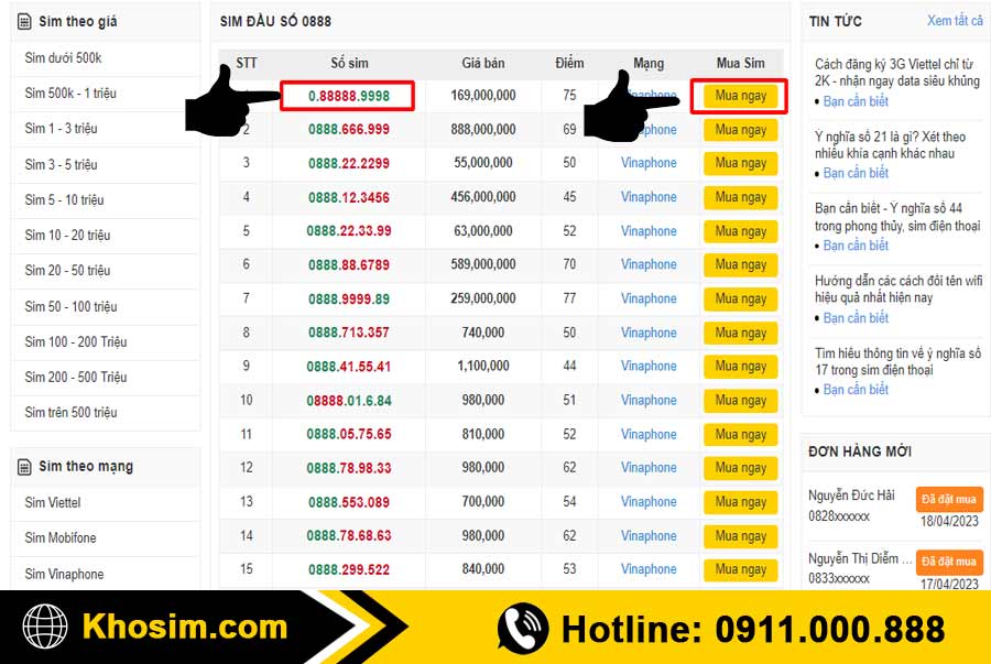 bước 3 chọn 1 sim đầu 0888