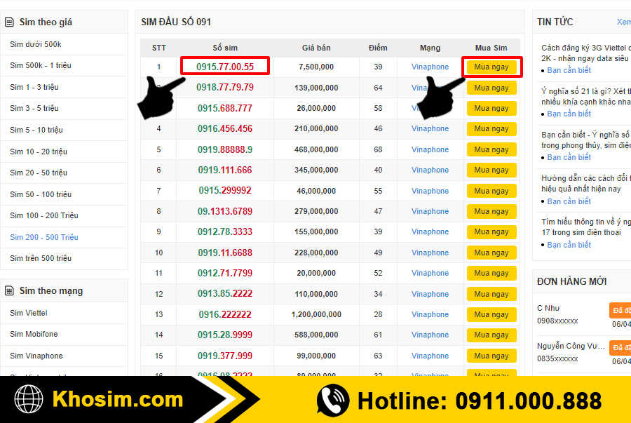 bước 3 chọn sim đầu 091 muốn mua
