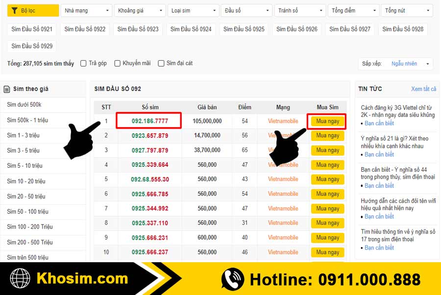 bước 3 chọn 1 sim đầu 092 để mua