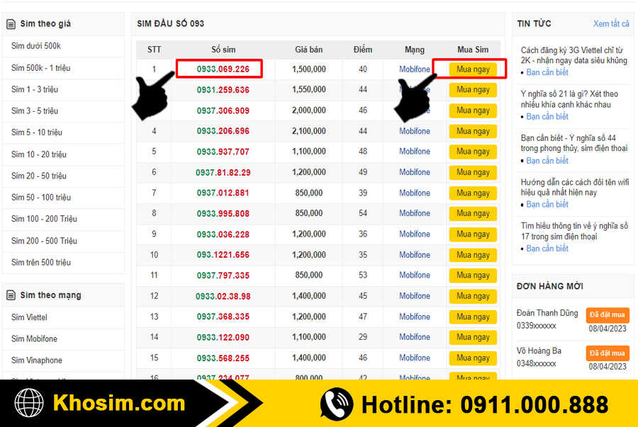 bước 3 chọn 1 sim đầu 093 để mua