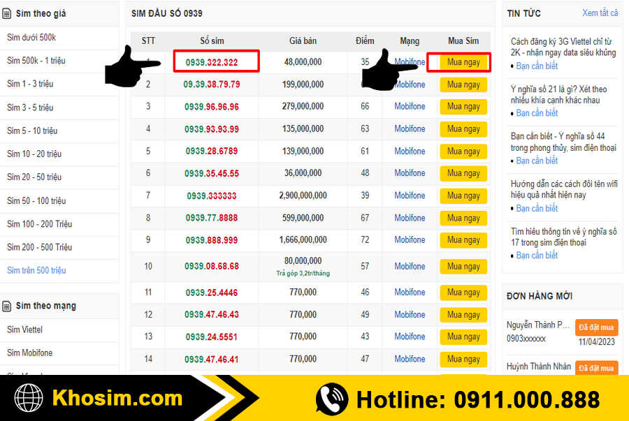 bước 3 chọn 1 sim đầu 0939 muốn mua