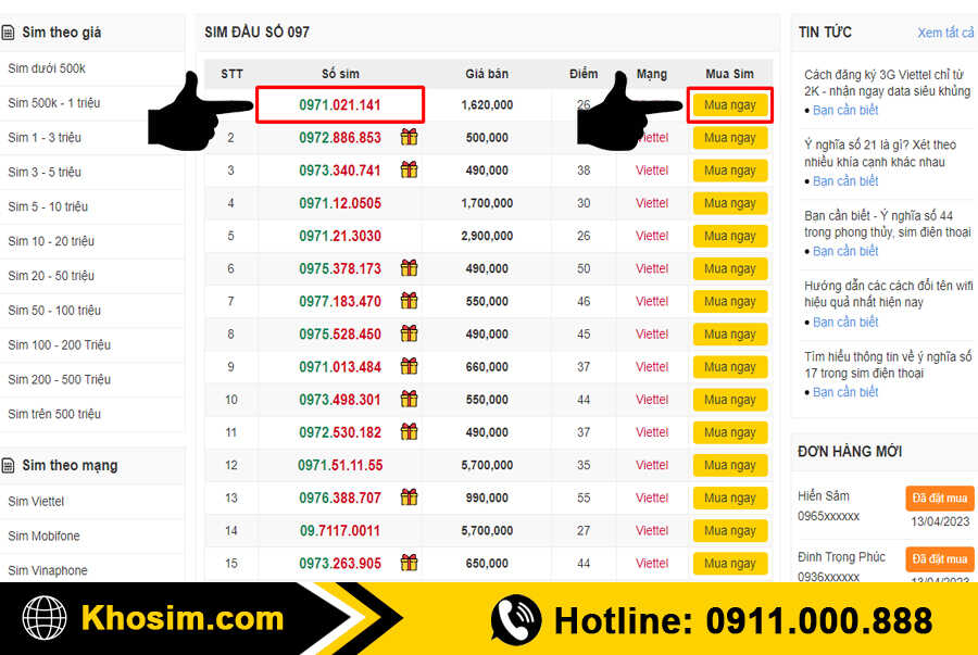 bước 3 chọn 1 sim đầu 097 đúng ý