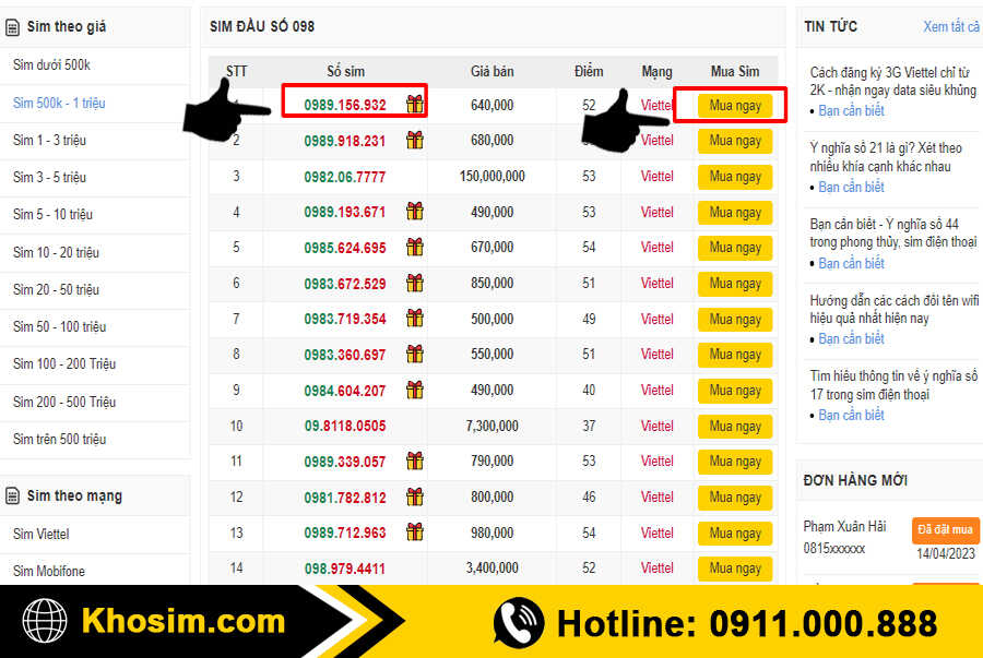bước 3 chọn 1 sim đầu 098 để mua