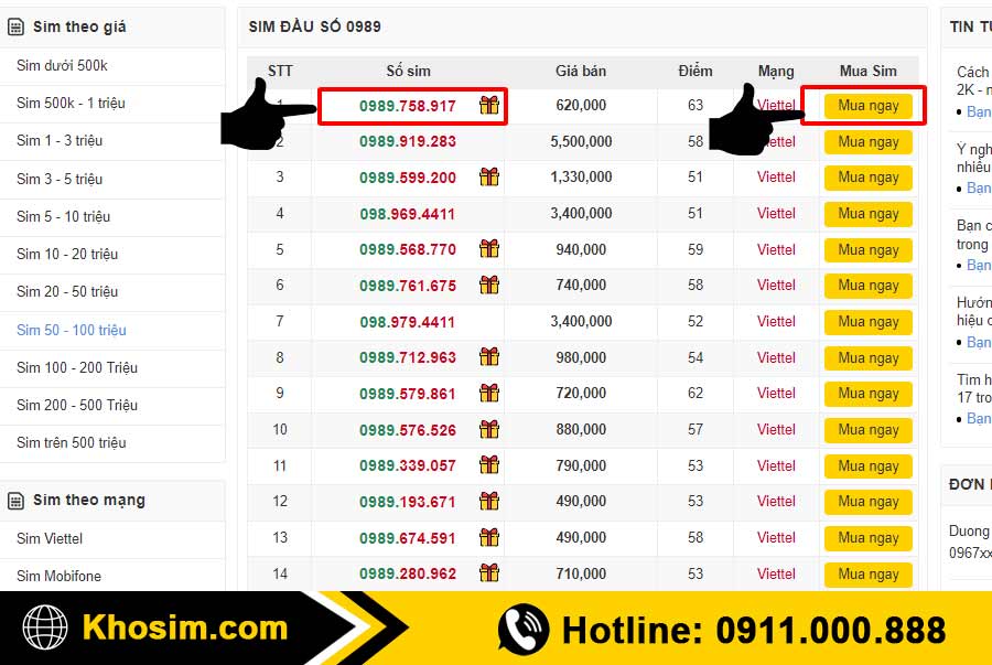 bước 3 chọn 1 sim đầu 0989 để mau