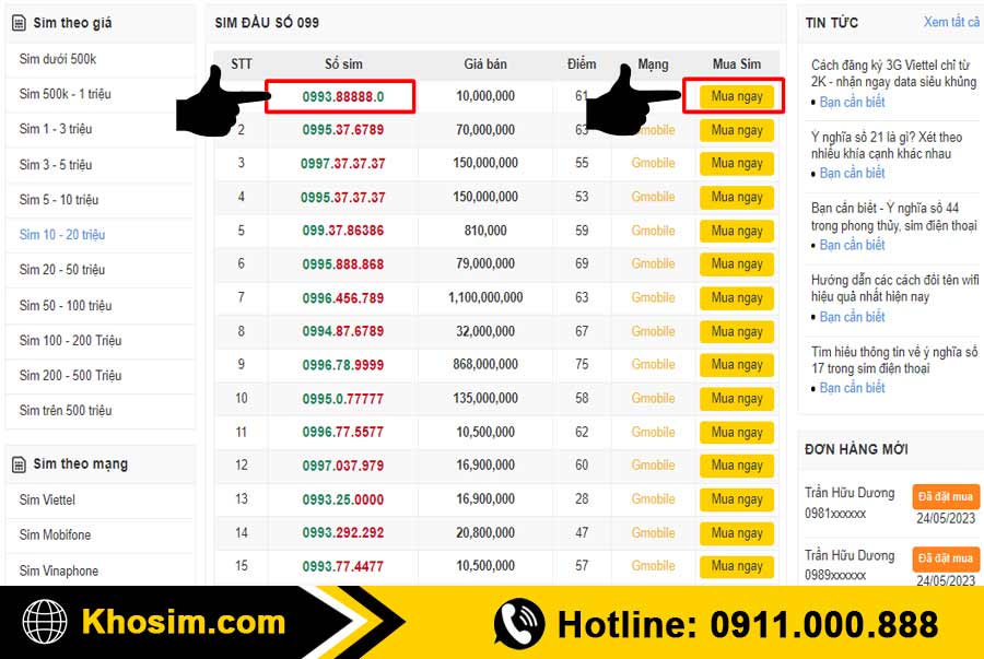 bước 3 chọn 1 sim đầu 099