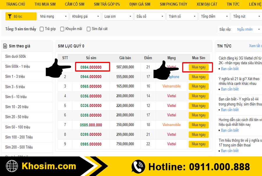 bước 3 chọn 1 sim lục quý 0 đúng ý