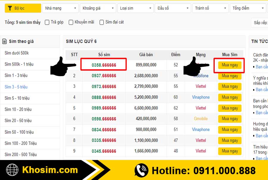 bước 3 chọn 1 sim lục quý 6 để mua