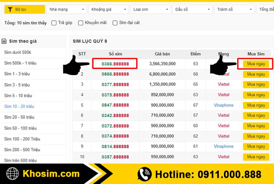 bước 3 chọn 1 sim lục quý 8 đúng ý để mua