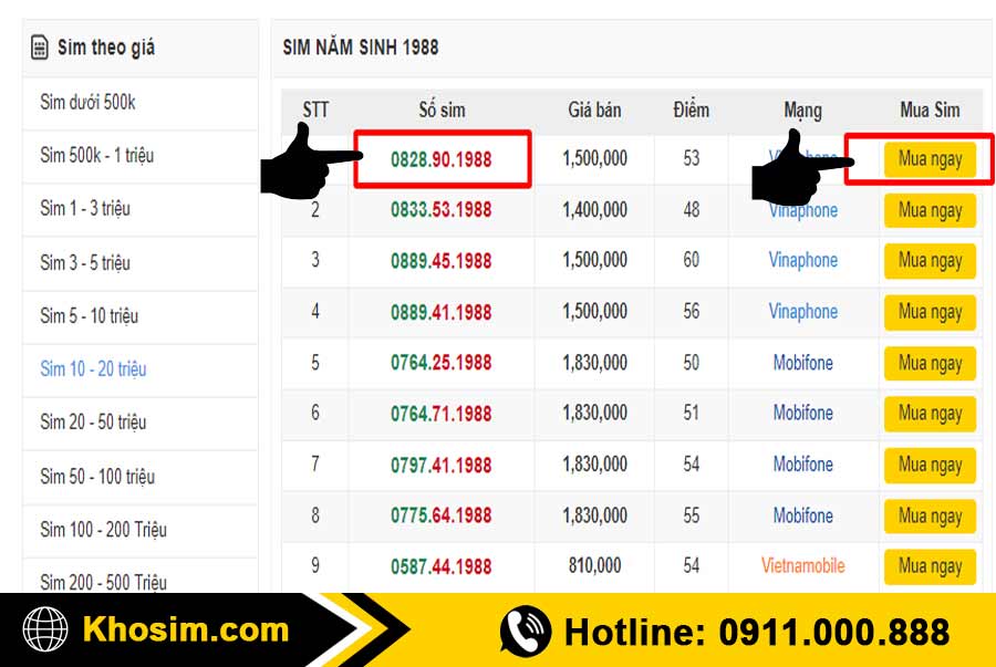 bước 3 chọn 1 sim năm sinh 1988