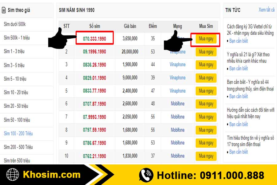 bước 3 chọn 1 sim năm sinh 1990