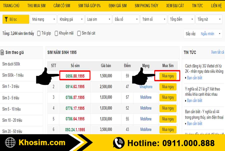bước 3 chọn 1 sim năm sinh 1995 để mua