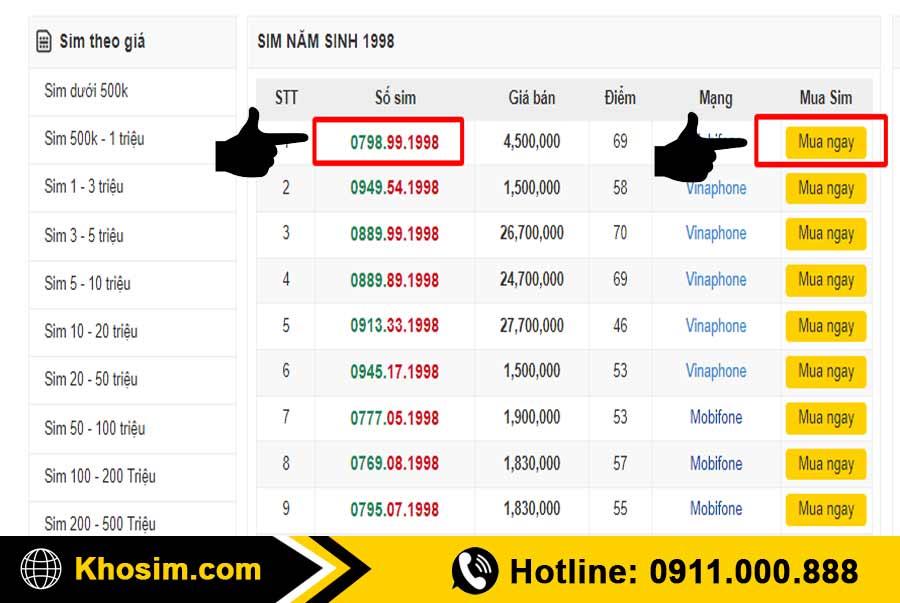 bước 3 chọn 1 sim năm sinh 1998 đúng ý