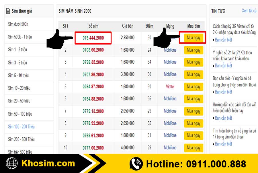 bước 3 chọn 1 sim năm sinh 2000 để mua