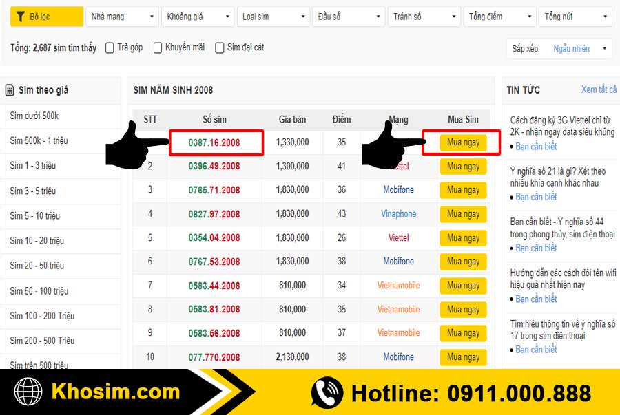bước 3 chọn 1 sim năm sinh 2008 để mua
