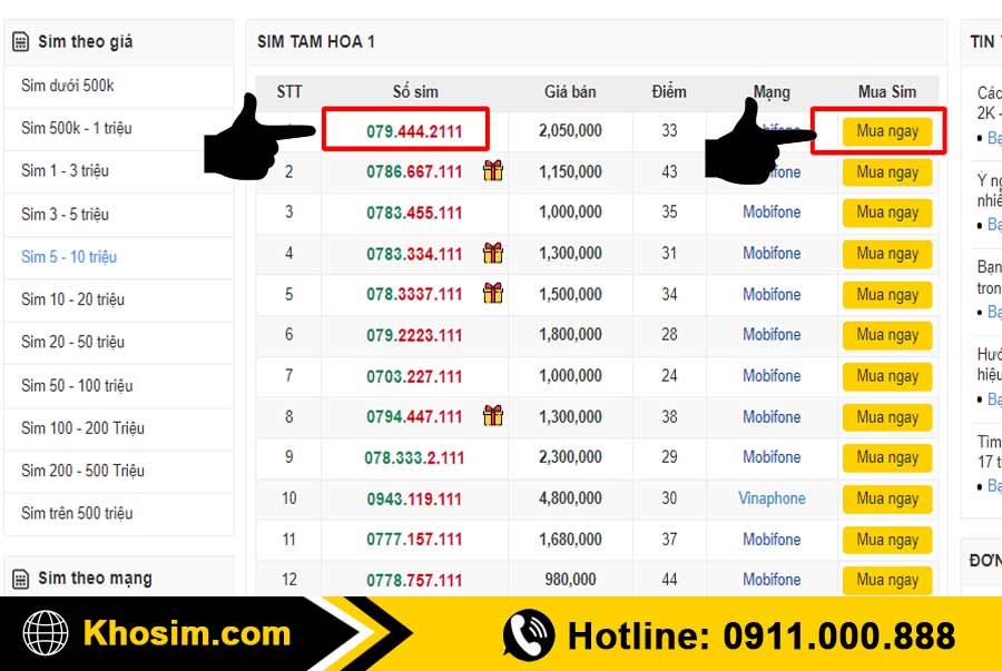 bước 3 chọn 1 sim tam hoa 111 để mua
