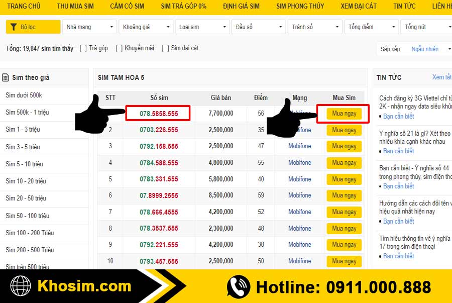 bước 3 chọn 1 sim tam hoa 555 để mua