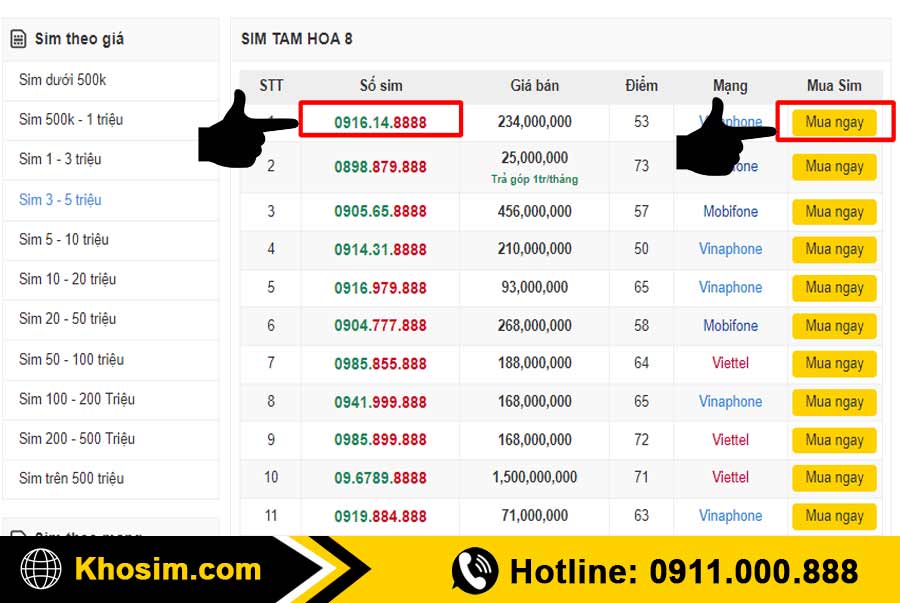 bước 3 chọn 1 sim tam hoa 888 để mua