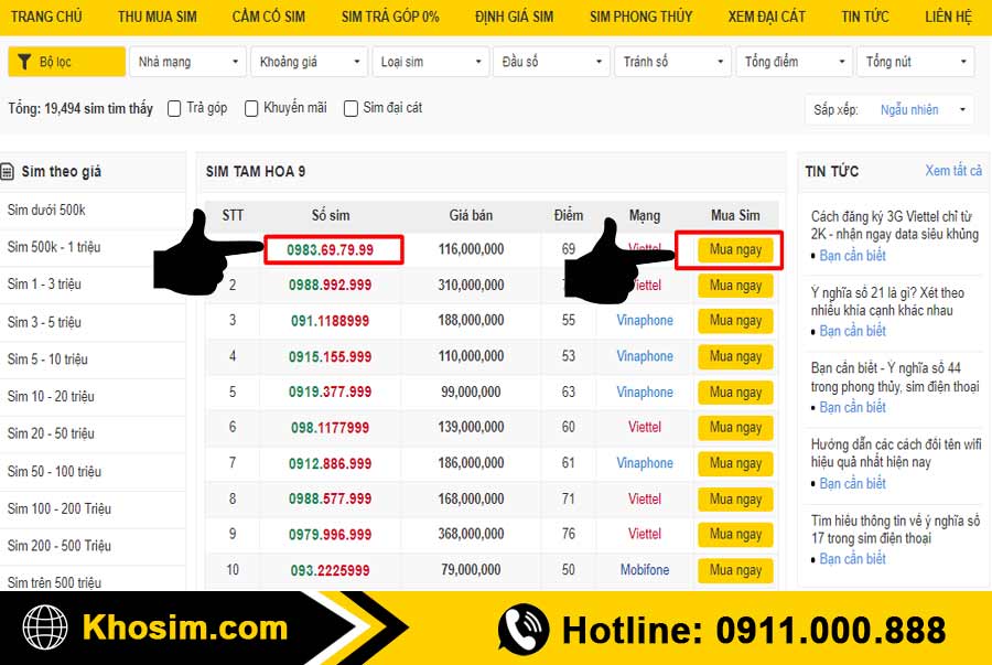 bước 3 chọn 1 sim tam hoa 999 để mua