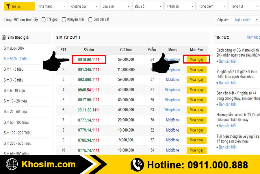 bước 3 chọn 1 sim tứ quý 1 để mua