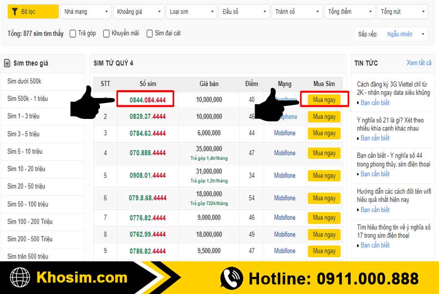 bước 3 chọn 1 sim tứ quý 4 để mua