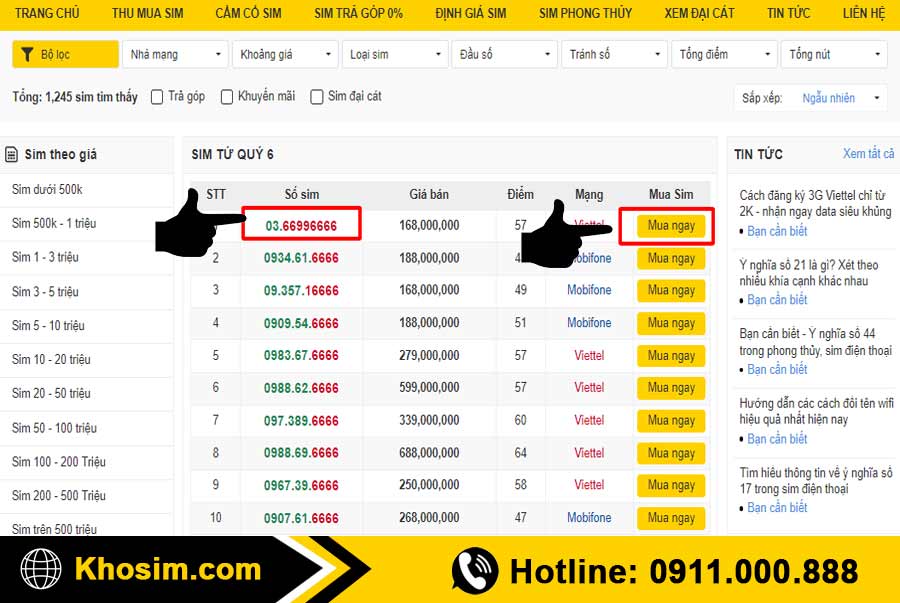 bước 3 chọn 1 sim tứ quý 6 để mua