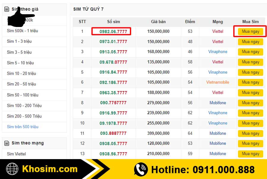 bước 3 chọn 1 sim tứ quý 7 để mua