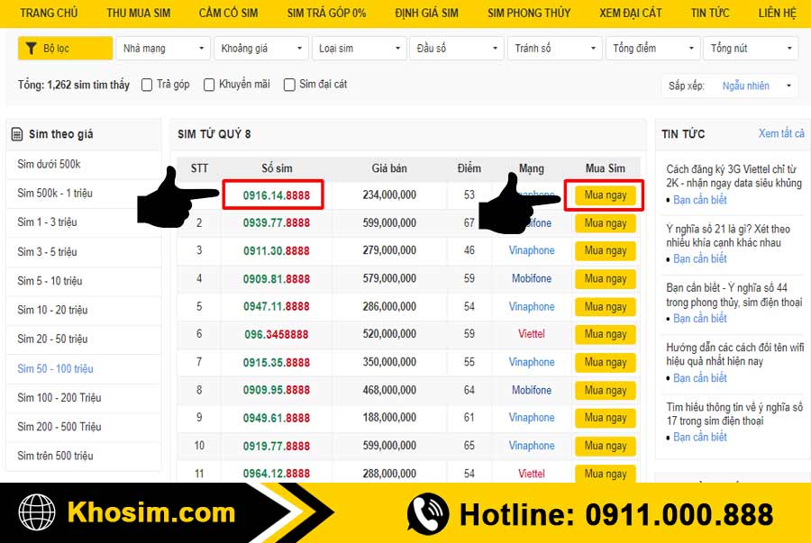 bước 3 chọn 1 sim tứ quý 8 để mua