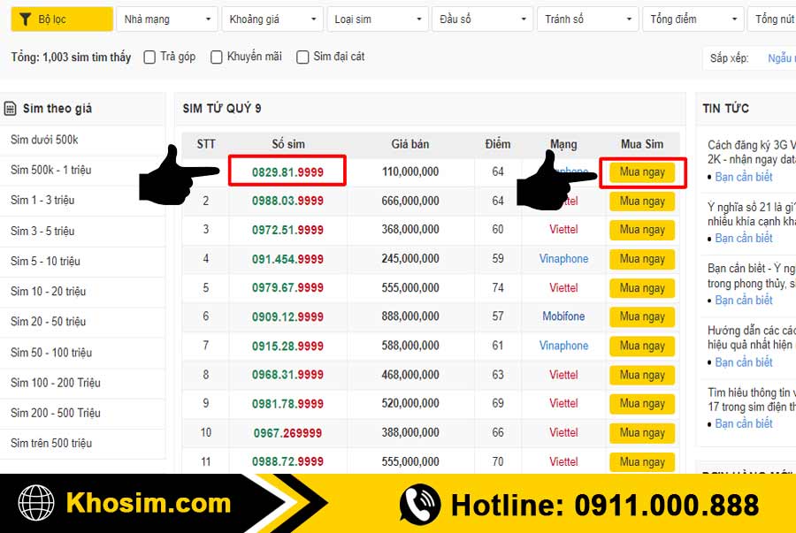bước 3 chọn 1 sim tứ quý 9 muốn mua