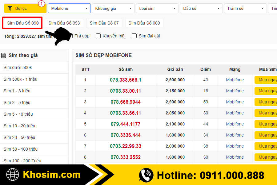 chọn mục đầu 090