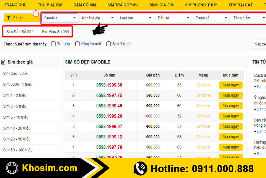 bước 3 lọc sim gmobile theo ý muốn