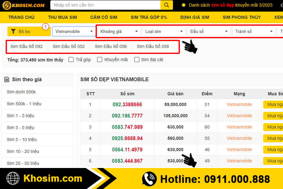 bước 3 lọc sim vietnamobile đúng ý