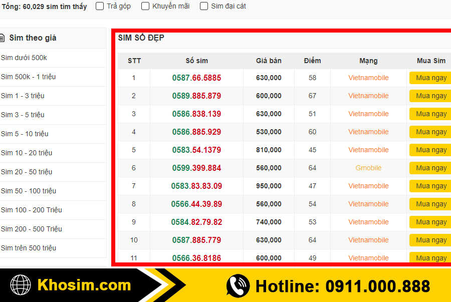 bước 3 xem danh sách sim đầu 05