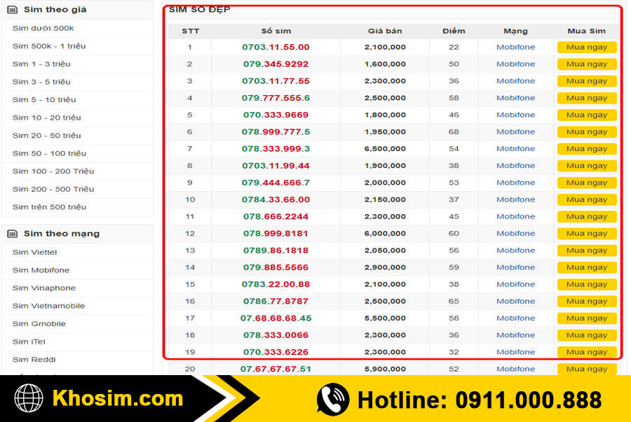 bước 3 xem danh sách sim đầu số 07