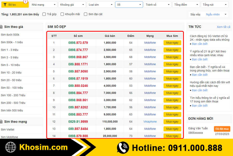 bước 3 xem danh sách sim đầu 08
