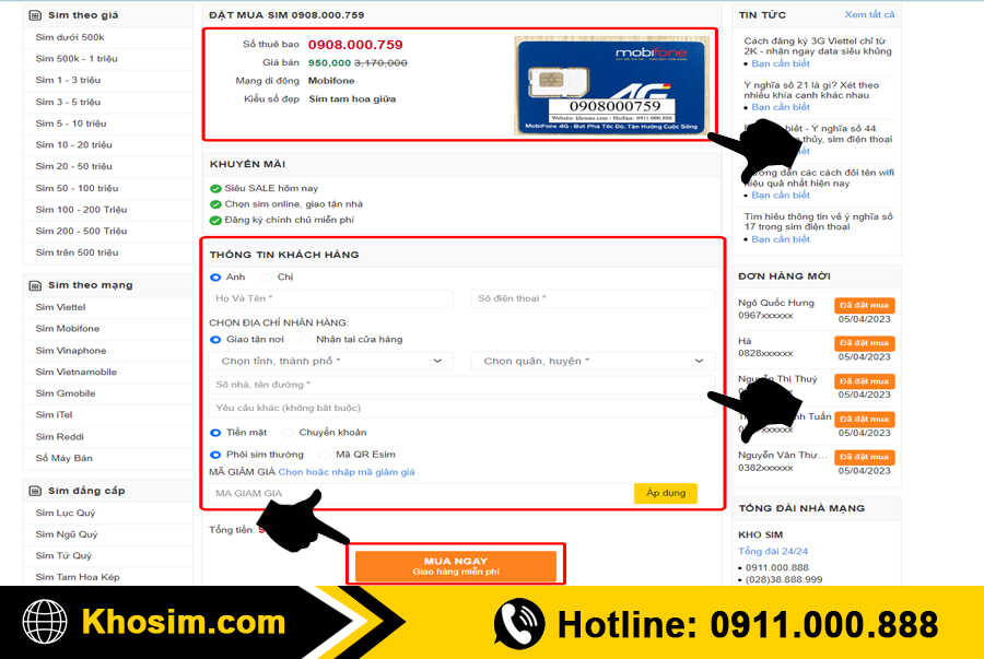 chọn sim điền thông tin mua hàng