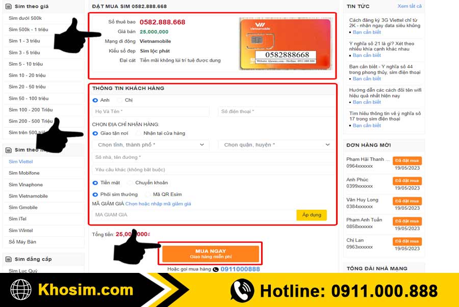 bước 4 điền thông tin mua sim đầu số 058