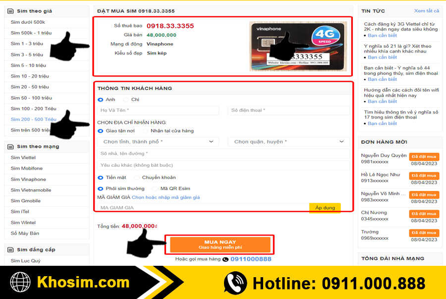 bước 4 điền thông tin mua sim đầu 0918