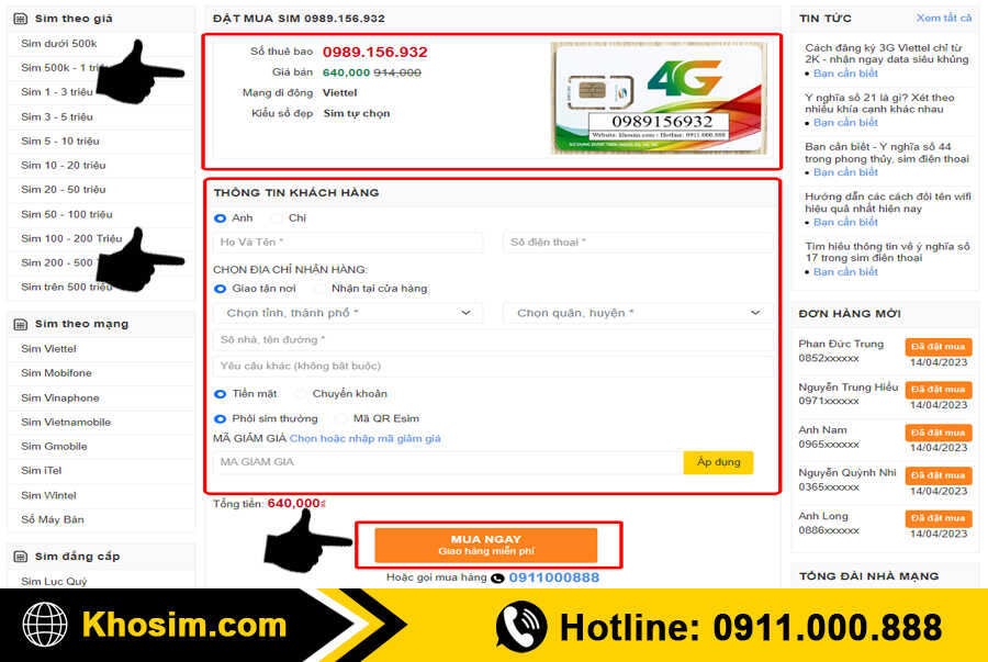 bước 4 điền thông tin mua sim đầu 098