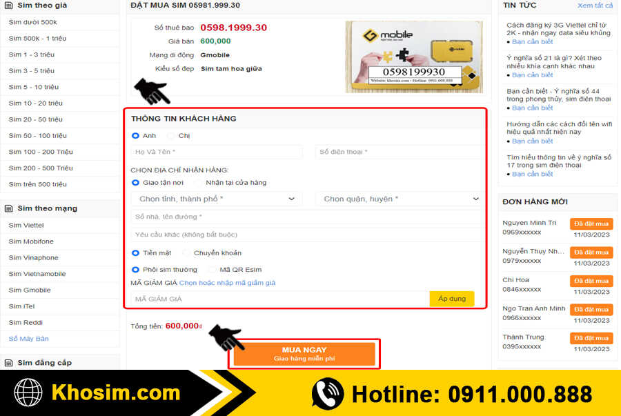 bước 4 điền thông tin mua sim gmobile