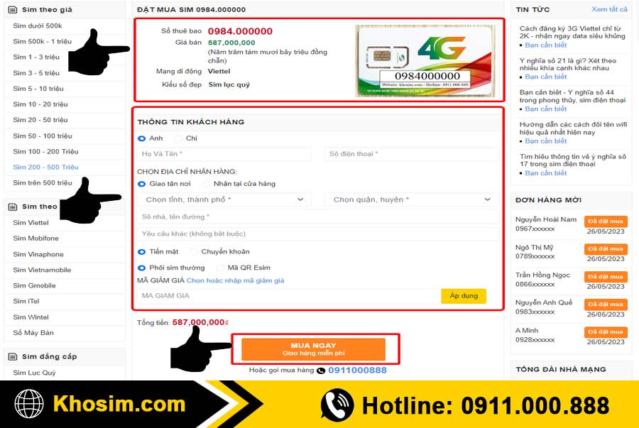 bước 4 điền thông tin mua sim lục quý 0