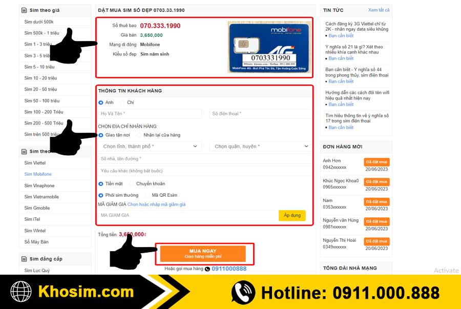 bước 4 điền thông tin mua sim năm sinh sinh 1990