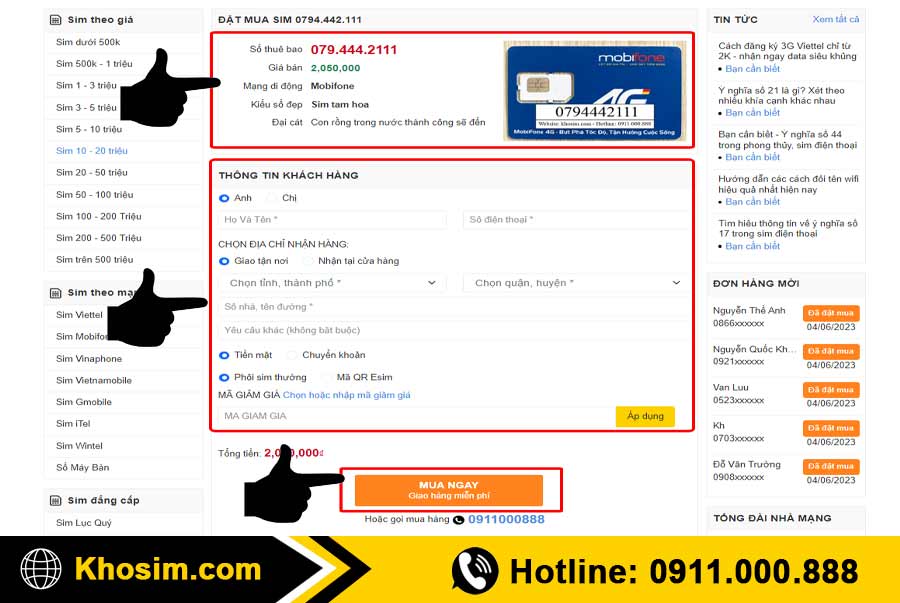 bước 4 điền thông tin mua sim tam hoa 111 