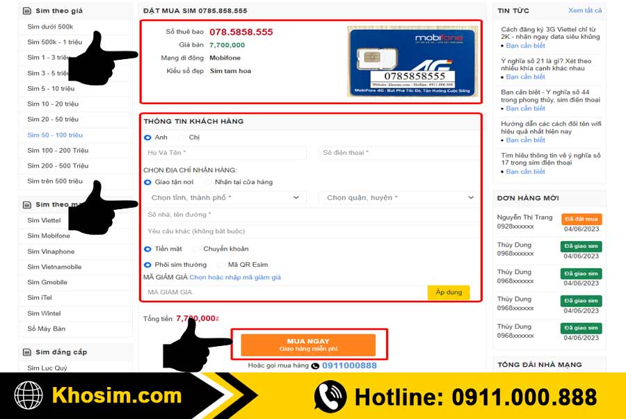 bước 4 điền thông tin mua sim tam hoa 555