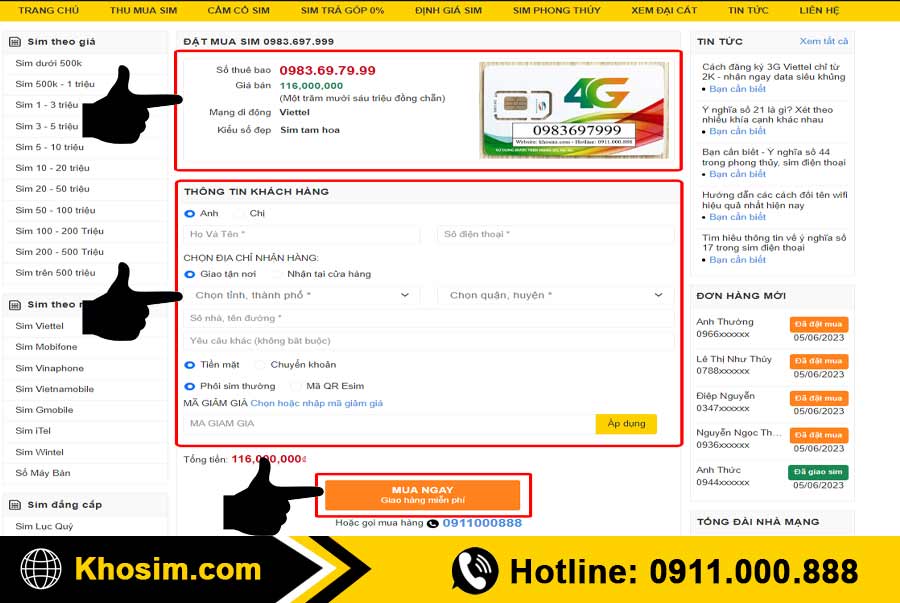 bước 4 điền thông tin mua sim tam hoa 999