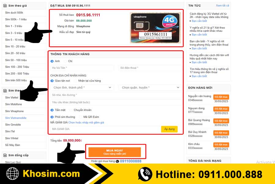 bước 4 điền thông tin mua sim tứ quý 1