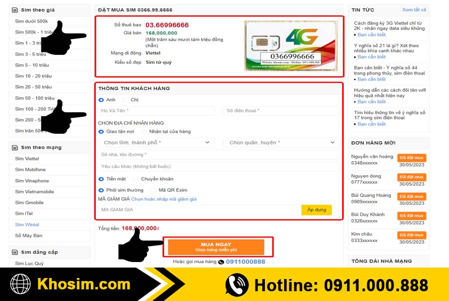 bước 4 điền thông tin mua sim tứ quý 6