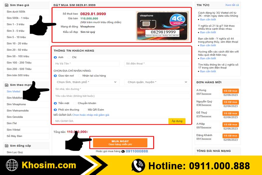 bước 4 điền thông tin mua sim tứ quý 9
