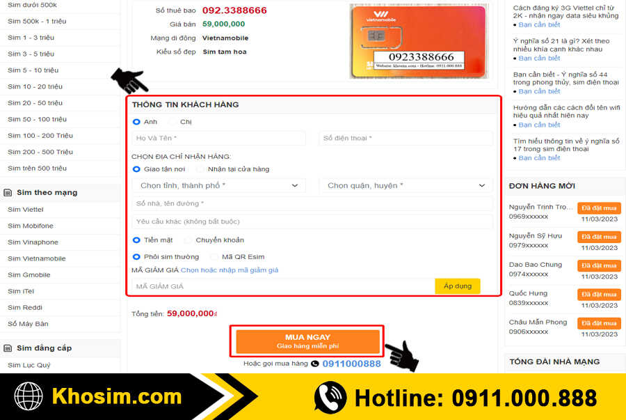 bước 4 điền thông tin mua sim vietnamobile